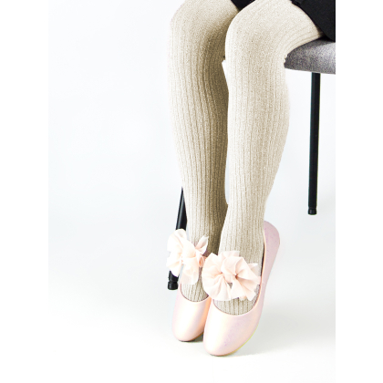 Rajstopy dziecięce bawełniane z brokatem  NOVITI  - PRĄŻKI - Beżowe